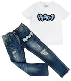 Kid’s RAW Drip Sky Chenille Crew Neck And Denim Jeans Set - White Tees / Blue Jeans