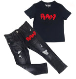 Kid’s RAW Drip Sky Chenille Crew Neck And Denim Jeans Set - White Tees / Blue Jeans